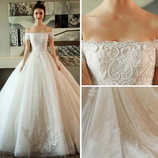 Modest / Simple Ivory Wedding Dresses 2018 Ball Gown Off-The-Shoulder Short Sleeve Backless Appliques Lace Ruffle Royal Train