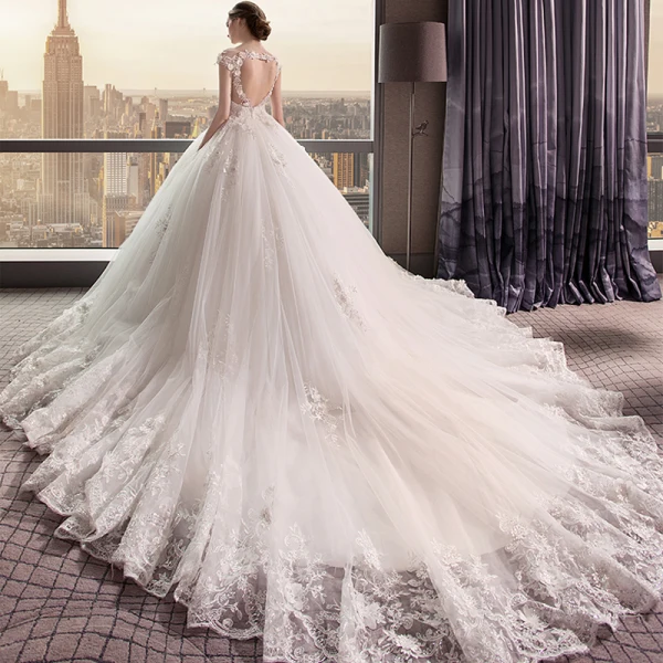 Chic / Beautiful Ivory Wedding Dresses 2018 Ball Gown V-Neck Cap Sleeves Heart-shaped Backless Appliques Lace Pearl Ruffle Royal Train