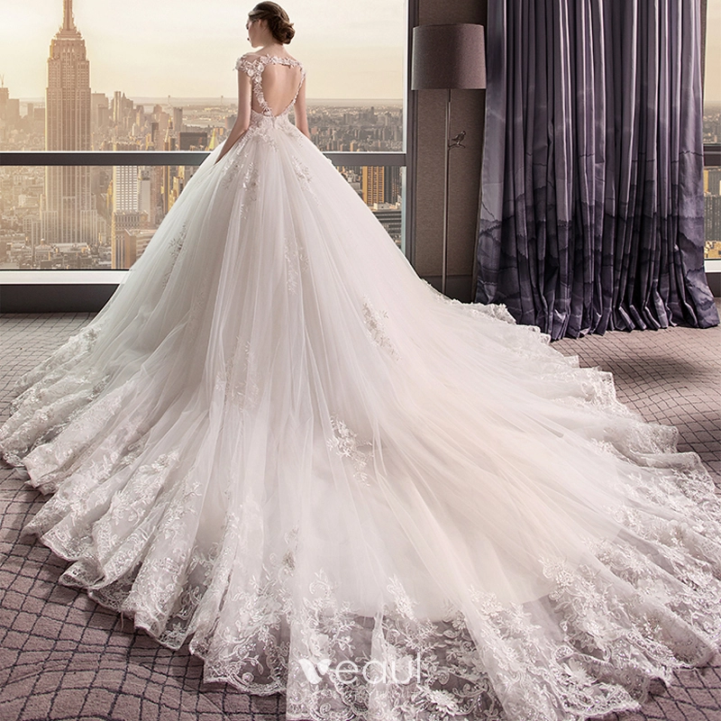 Chic Beautiful Ivory Wedding Dresses 2018 Ball Gown V Neck Cap Sleeves Heart shaped Backless Appliques Lace Pearl Ruffle Royal Train
