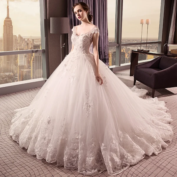 Chic / Beautiful Ivory Wedding Dresses 2018 Ball Gown V-Neck Cap Sleeves Heart-shaped Backless Appliques Lace Pearl Ruffle Royal Train