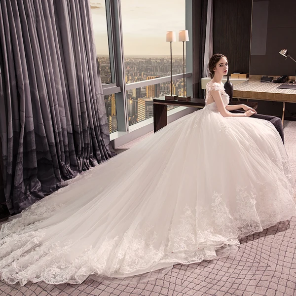 Chic / Beautiful Ivory Wedding Dresses 2018 Ball Gown V-Neck Cap Sleeves Heart-shaped Backless Appliques Lace Pearl Ruffle Royal Train