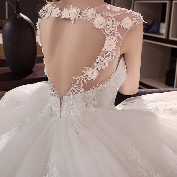 Chic / Beautiful Ivory Wedding Dresses 2018 Ball Gown V-Neck Cap Sleeves Heart-shaped Backless Appliques Lace Pearl Ruffle Royal Train