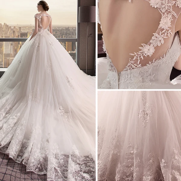 Chic / Beautiful Ivory Wedding Dresses 2018 Ball Gown V-Neck Cap Sleeves Heart-shaped Backless Appliques Lace Pearl Ruffle Royal Train