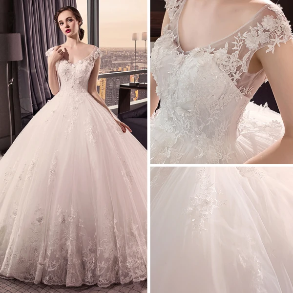 Chic / Beautiful Ivory Wedding Dresses 2018 Ball Gown V-Neck Cap Sleeves Heart-shaped Backless Appliques Lace Pearl Ruffle Royal Train