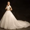 Modest / Simple Ivory Wedding Dresses 2018 Ball Gown Off-The-Shoulder Short Sleeve Backless Appliques Lace Beading Pearl Ruffle Chapel Train