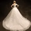 Modest / Simple Ivory Wedding Dresses 2018 Ball Gown Off-The-Shoulder Short Sleeve Backless Appliques Lace Beading Pearl Ruffle Chapel Train