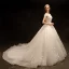 Modest / Simple Ivory Wedding Dresses 2018 Ball Gown Off-The-Shoulder Short Sleeve Backless Appliques Lace Beading Pearl Ruffle Chapel Train