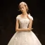 Modest / Simple Ivory Wedding Dresses 2018 Ball Gown Off-The-Shoulder Short Sleeve Backless Appliques Lace Beading Pearl Ruffle Chapel Train