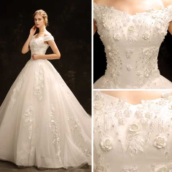 Modest / Simple Ivory Wedding Dresses 2018 Ball Gown Off-The-Shoulder Short Sleeve Backless Appliques Lace Beading Pearl Ruffle Chapel Train