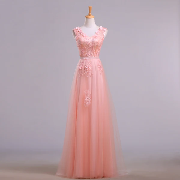 Elegant Pearl Pink Evening Dresses  2018 A-Line / Princess V-Neck Sleeveless Appliques Lace Beading Sash Floor-Length / Long Ruffle Backless Formal Dresses