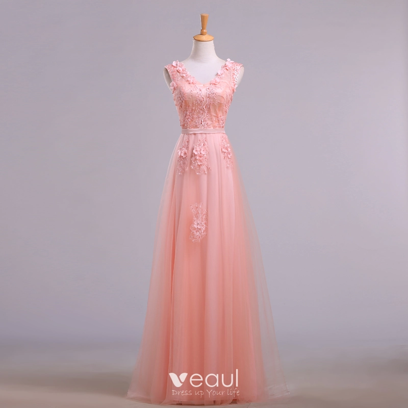 7000086 Pink Pearl Embroidered Evening Dress