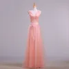 Elegant Pearl Pink Evening Dresses  2018 A-Line / Princess V-Neck Sleeveless Appliques Lace Beading Sash Floor-Length / Long Ruffle Backless Formal Dresses