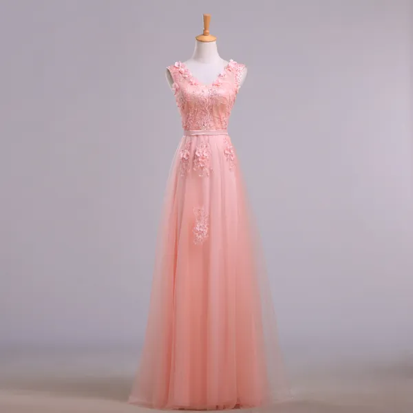 Elegant Pearl Pink Evening Dresses  2018 A-Line / Princess V-Neck Sleeveless Appliques Lace Beading Sash Floor-Length / Long Ruffle Backless Formal Dresses
