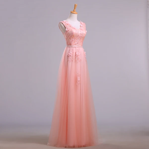 Elegant Pearl Pink Evening Dresses  2018 A-Line / Princess V-Neck Sleeveless Appliques Lace Beading Sash Floor-Length / Long Ruffle Backless Formal Dresses