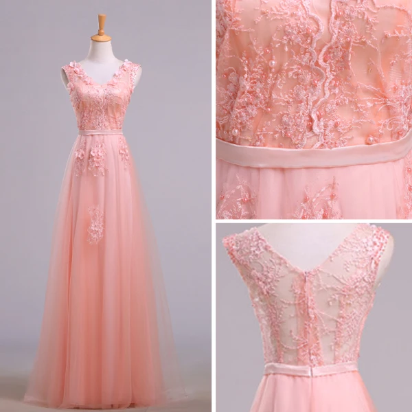 Elegant Pearl Pink Evening Dresses  2018 A-Line / Princess V-Neck Sleeveless Appliques Lace Beading Sash Floor-Length / Long Ruffle Backless Formal Dresses