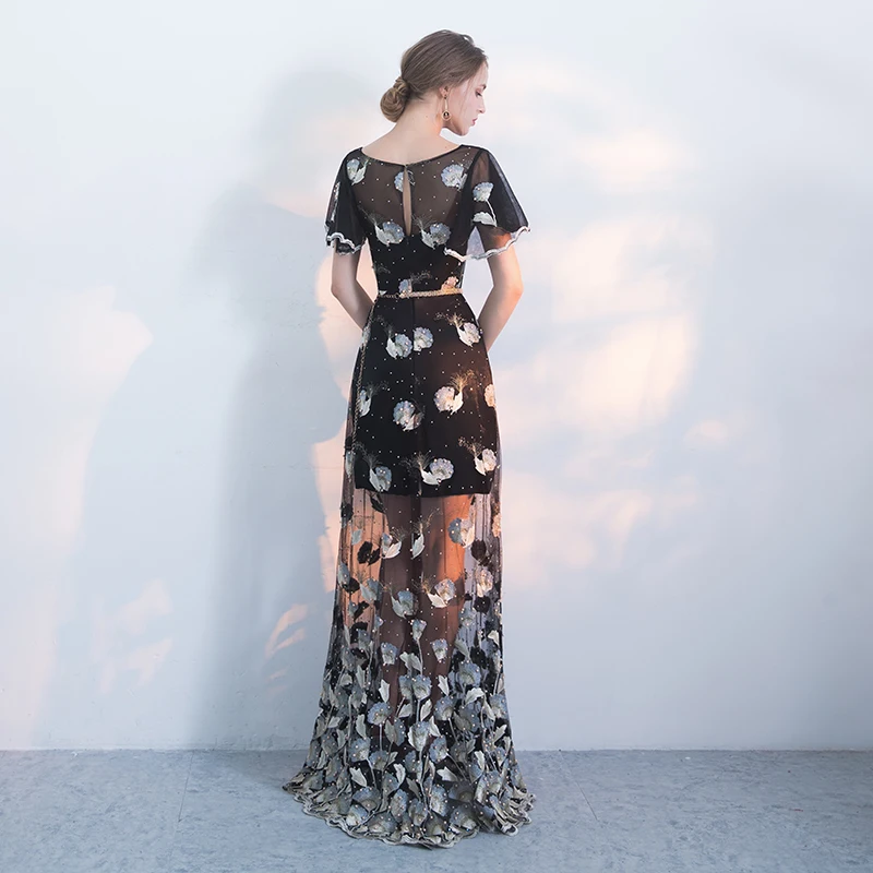 Modern / Fashion Black Evening Dresses 2018 A-Line / Princess Scoop Neck Short Sleeve Embroidered Rhinestone Pearl Metal Sash Floor-Length / Long