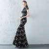 Chinese style Black Gold Sequins Evening Dresses  2018 Trumpet / Mermaid High Neck Cap Sleeves Floor-Length / Long Ruffle Formal Dresses