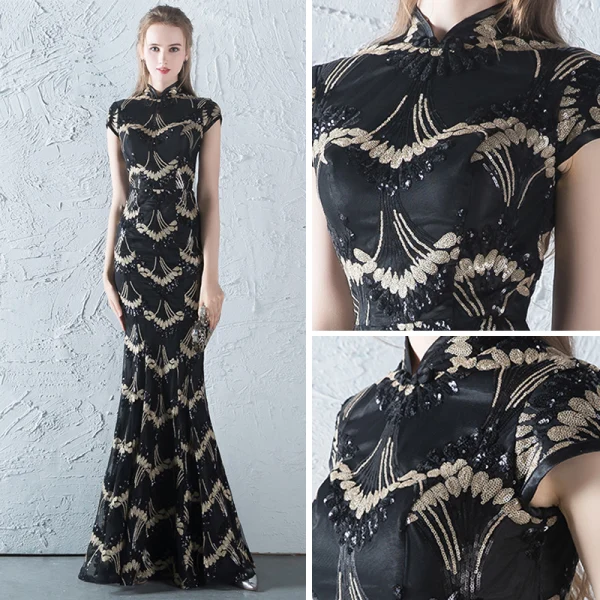 Chinese style Black Gold Sequins Evening Dresses 2018 Trumpet / Mermaid High Neck Cap Sleeves Floor-Length / Long Ruffle Formal Dresses