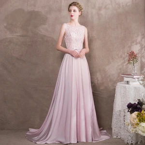 Elegant Rødmende Rosa Selskapskjoler 2018 Prinsesse Rhinestone Scoop Halsen Uten Ermer Appliques Blomst Perle Sløyfe Sash Buste Feie Tog Ryggløse Formelle Kjoler