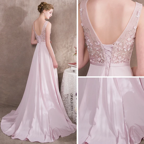 Elegante Rosa Abendkleider 2018 A Linie Strass Rundhalsausschnitt Ärmellos Applikationen Blumen Perle Schleife Stoffgürtel Rüschen Sweep / Pinsel Zug Rückenfreies Festliche Kleider