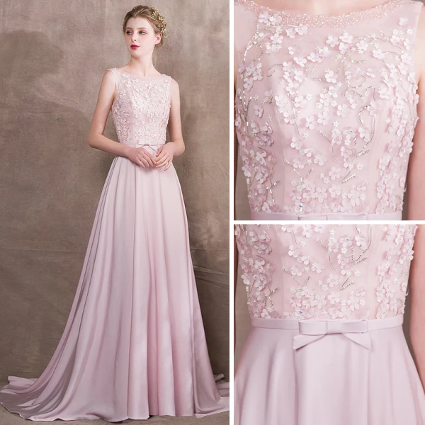 Elegante Rosa Abendkleider 2018 A Linie Strass Rundhalsausschnitt Ärmellos Applikationen Blumen Perle Schleife Stoffgürtel Rüschen Sweep / Pinsel Zug Rückenfreies Festliche Kleider