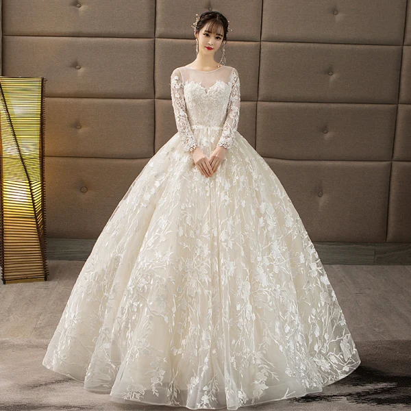 Abordable Champagne Percé Robe De Mariée 2018 Robe Boule Encolure Dégagée Manches Longues Dos Nu Appliques En Dentelle Volants Longue