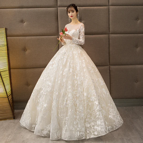 Abordable Champagne Percé Robe De Mariée 2018 Robe Boule Encolure Dégagée Manches Longues Dos Nu Appliques En Dentelle Volants Longue