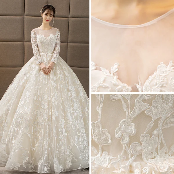 Abordable Champagne Percé Robe De Mariée 2018 Robe Boule Encolure Dégagée Manches Longues Dos Nu Appliques En Dentelle Volants Longue