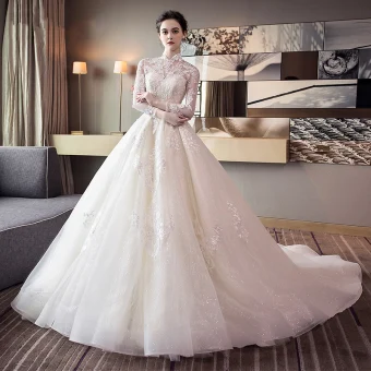 Chinese Style Ivory Wedding Dresses 2018 Ball Gown High Neck Long Sleeve Backless Appliques Lace Rhinestone Ruffle Cathedral Train