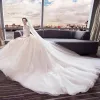 Chinese style Ivory Wedding Dresses 2018 Ball Gown High Neck Long Sleeve Backless Appliques Lace Rhinestone Ruffle Cathedral Train