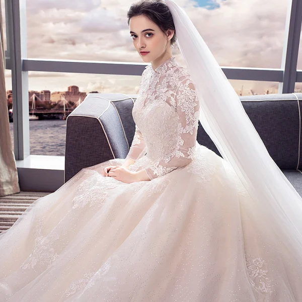 Chinese style Ivory Wedding Dresses 2018 Ball Gown High Neck Long Sleeve Backless Appliques Lace Rhinestone Ruffle Cathedral Train