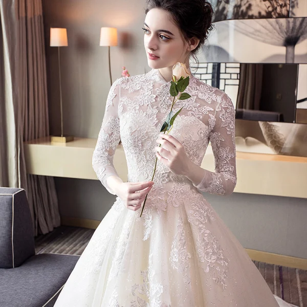 Chinese style Ivory Wedding Dresses 2018 Ball Gown High Neck Long Sleeve Backless Appliques Lace Rhinestone Ruffle Cathedral Train