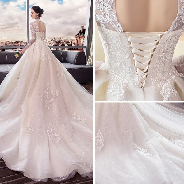 Chinese style Ivory Wedding Dresses 2018 Ball Gown High Neck Long Sleeve Backless Appliques Lace Rhinestone Ruffle Cathedral Train