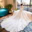 Luxury / Gorgeous Ivory Wedding Dresses 2018 Ball Gown Scoop Neck Strapless Short Sleeve Backless Appliques Flower Pearl Beading Ruffle Chapel Train