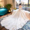 Luxury / Gorgeous Ivory Wedding Dresses 2018 Ball Gown Scoop Neck Strapless Short Sleeve Backless Appliques Flower Pearl Beading Ruffle Chapel Train