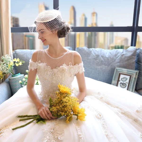 Luxury / Gorgeous Ivory Wedding Dresses 2018 Ball Gown Scoop Neck Strapless Short Sleeve Backless Appliques Flower Pearl Beading Ruffle Chapel Train