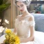 Luxury / Gorgeous Ivory Wedding Dresses 2018 Ball Gown Scoop Neck Strapless Short Sleeve Backless Appliques Flower Pearl Beading Ruffle Chapel Train