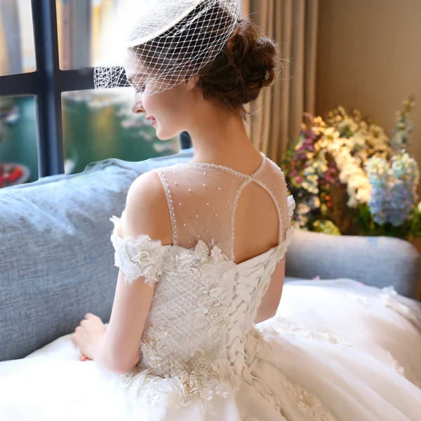 Luxury / Gorgeous Ivory Wedding Dresses 2018 Ball Gown Scoop Neck Strapless Short Sleeve Backless Appliques Flower Pearl Beading Ruffle Chapel Train