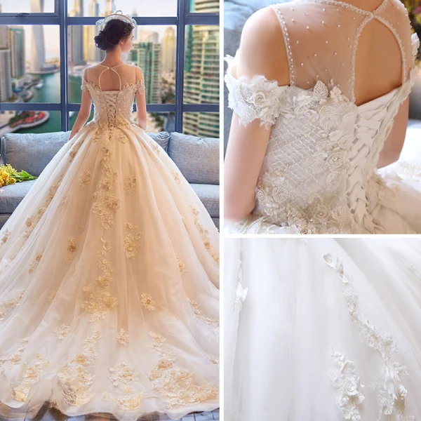 Luxury / Gorgeous Ivory Wedding Dresses 2018 Ball Gown Scoop Neck Strapless Short Sleeve Backless Appliques Flower Pearl Beading Ruffle Chapel Train