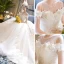 Luxury / Gorgeous Ivory Wedding Dresses 2018 Ball Gown Scoop Neck Strapless Short Sleeve Backless Appliques Flower Pearl Beading Ruffle Chapel Train