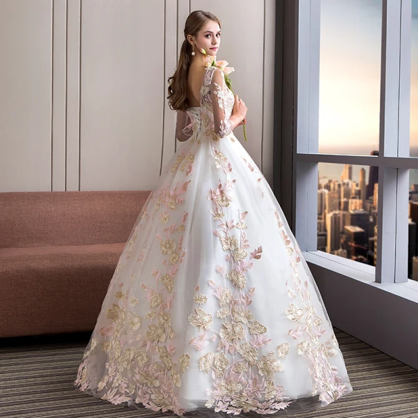 Unique Ivory / Creme Brautkleider / Hochzeitskleider 2018 Ballkleid Rundhalsausschnitt 3/4 Ärmel Applikationen Spitze Rückenfreies Rüschen Lange