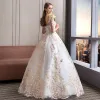 Amazing / Unique Ivory Wedding Dresses 2018 Ball Gown Scoop Neck 3/4 Sleeve Appliques Lace Backless Ruffle Floor-Length / Long