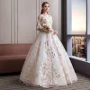 Amazing / Unique Ivory Wedding Dresses 2018 Ball Gown Scoop Neck 3/4 Sleeve Appliques Lace Backless Ruffle Floor-Length / Long