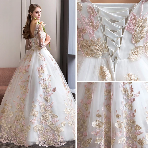 Unique Ivory / Creme Brautkleider / Hochzeitskleider 2018 Ballkleid Rundhalsausschnitt 3/4 Ärmel Applikationen Spitze Rückenfreies Rüschen Lange