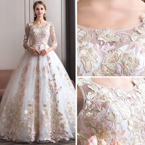 Unique Ivory / Creme Brautkleider / Hochzeitskleider 2018 Ballkleid Rundhalsausschnitt 3/4 Ärmel Applikationen Spitze Rückenfreies Rüschen Lange