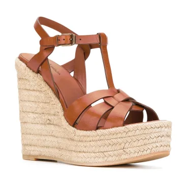 Chic Beautiful Brown Street Wear Braid Womens Sandals 2022 12 Cm Wedges Open Peep Toe T Strap Sandals High Heels
