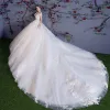 Stunning White Wedding Dresses 2018 Ball Gown Off-The-Shoulder Short Sleeve Appliques Backless Lace Pearl Sequins Ruffle Royal Train