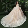 Stunning Champagne Pierced Wedding Dresses 2018 Ball Gown Scoop Neck Long Sleeve Backless Appliques Flower Pearl Ruffle Royal Train