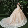 Stunning Champagne Pierced Wedding Dresses 2018 Ball Gown Scoop Neck Long Sleeve Backless Appliques Flower Pearl Ruffle Royal Train