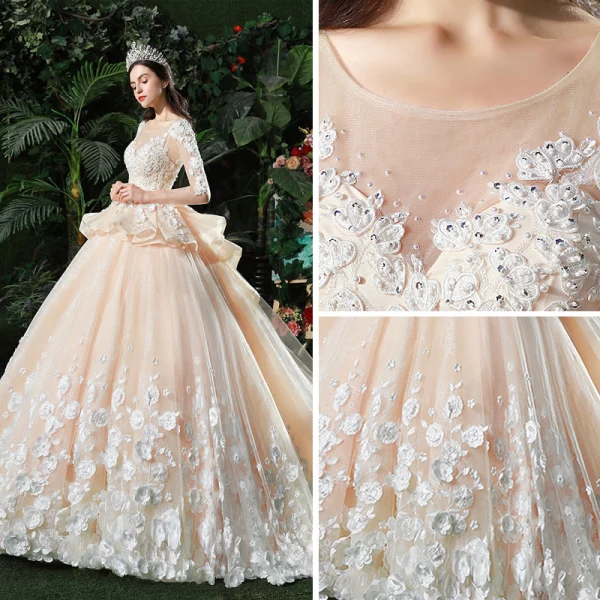 Étourdissant Champagne Percé Robe De Mariée 2018 Robe Boule Encolure Dégagée Manches Longues Dos Nu Appliques Fleur Perle Volants Royal Train
